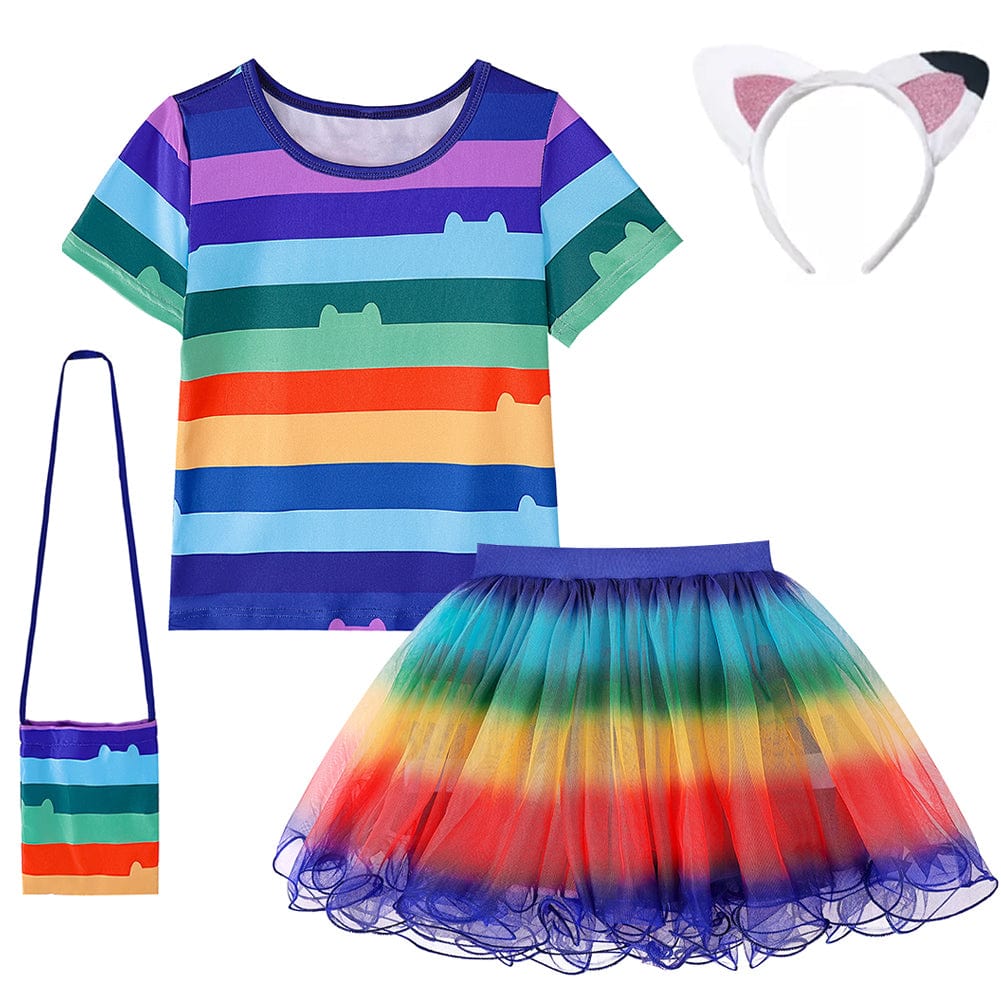 Ensemble déguisement enfant avec t-shirt rayé noir et blanc, jupe tulle multicolore et serre-tête oreilles de chat.