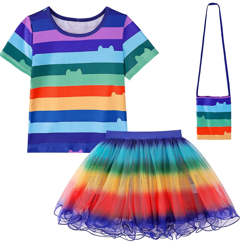 Ensemble déguisement enfant avec t-shirt rayé noir et blanc, jupe tulle multicolore et serre-tête oreilles de chat.