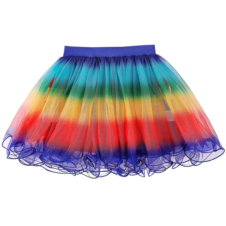 Ensemble déguisement enfant avec t-shirt rayé noir et blanc, jupe tulle multicolore et serre-tête oreilles de chat.