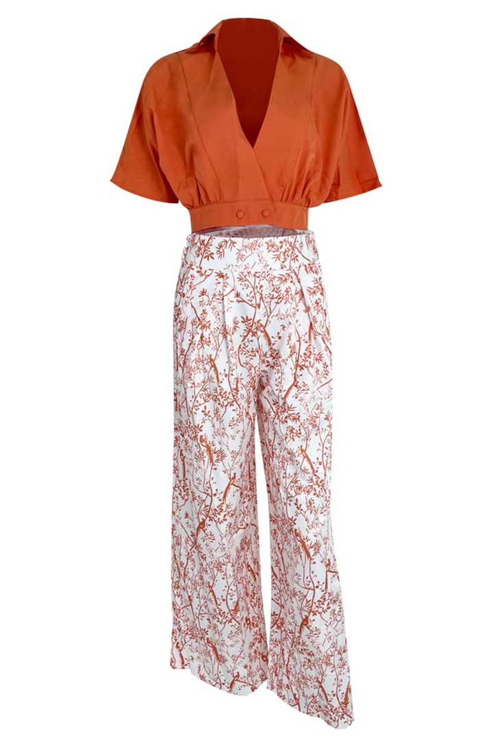 "Ensemble deux pièces femme chic en satin luxe, crop top à manches longues, pantalon palazzo, style élégant & moderne."