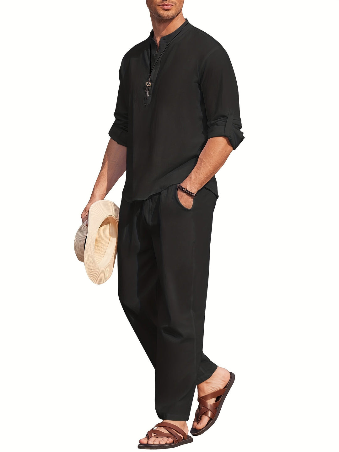 Ensemble deux pièces lin homme, élégant, confortable, beige, parfait pour l'été, style décontracté et respirant.