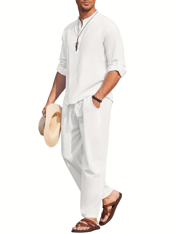 Ensemble deux pièces lin homme, élégant, confortable, beige, parfait pour l'été, style décontracté et respirant.