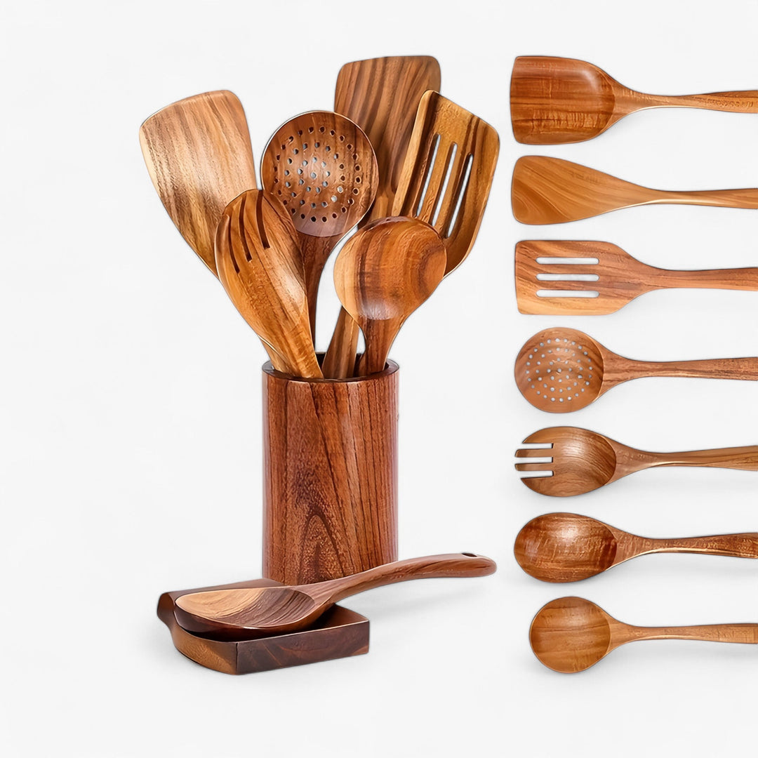"Ensemble d'ustensiles de cuisine en bois robustes, design élégant, résistant à la chaleur, anti-rayures, ergonomique."