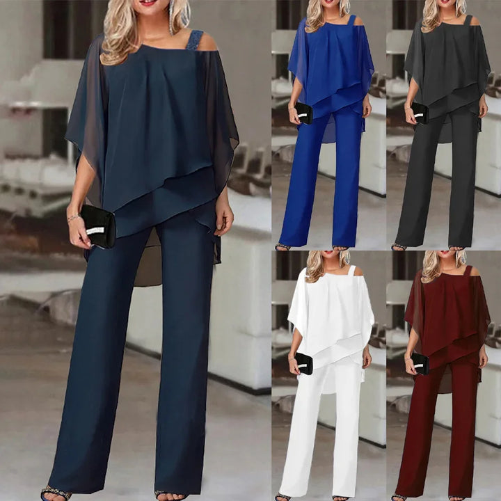 Ensemble élégant femme, top manches chauve-souris, épaules dénudées, grandes tailles, look sophistiqué, style unique.