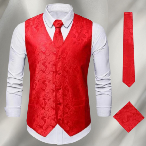 "Ensemble élégant pour homme avec gilet noir, cravate et pochette, idéal pour cérémonies formelles."