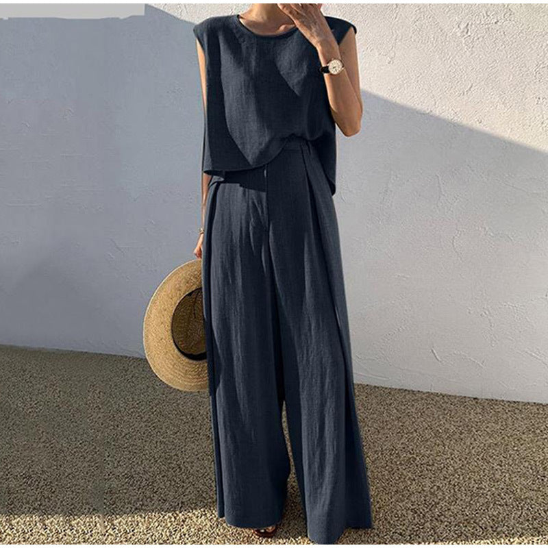 "Ensemble en lin estival femme, pantalon ample et haut col rond, beige, noir, bleu, élégance décontractée."