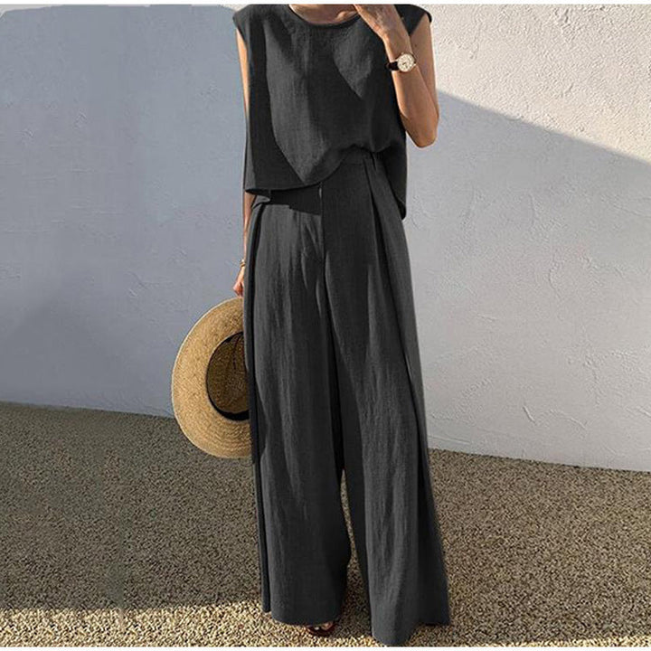 "Ensemble en lin estival femme, pantalon ample et haut col rond, beige, noir, bleu, élégance décontractée."
