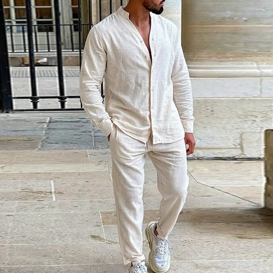 Ensemble en lin pour homme, chemise manches courtes et short assorti, style élégant et confortable pour l'été.