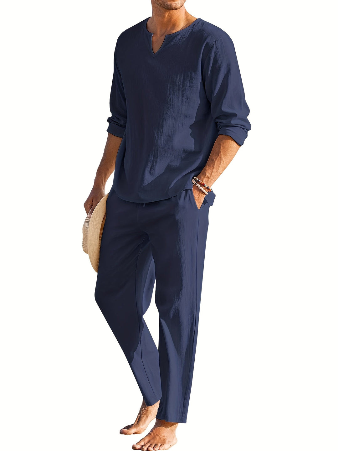 "Ensemble en lin pour homme, style rétro, coupe intemporelle, idéal pour l'été, confortable et élégant, tenue chic décontract