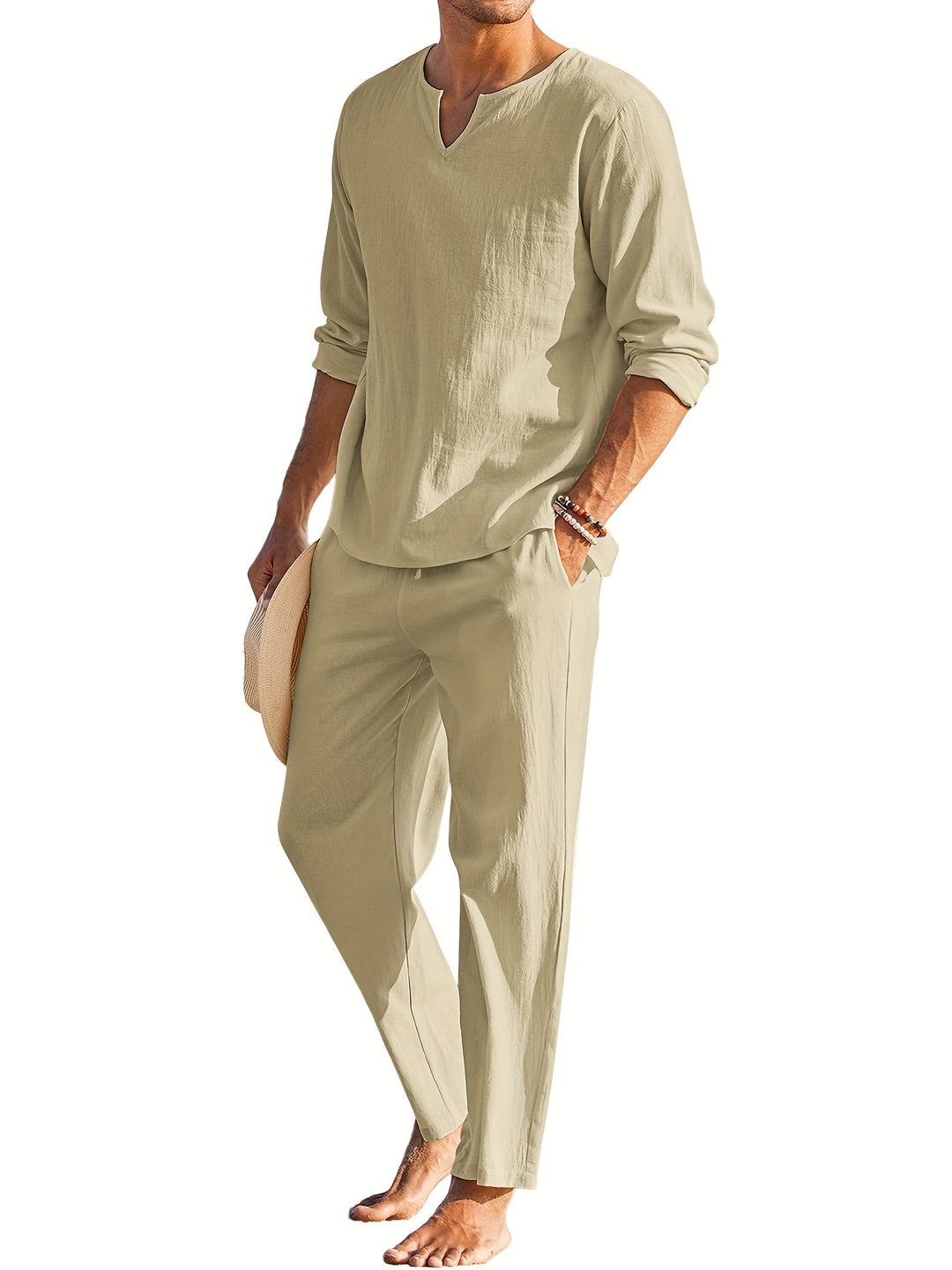"Ensemble en lin pour homme, style rétro, coupe intemporelle, idéal pour l'été, confortable et élégant, tenue chic décontract