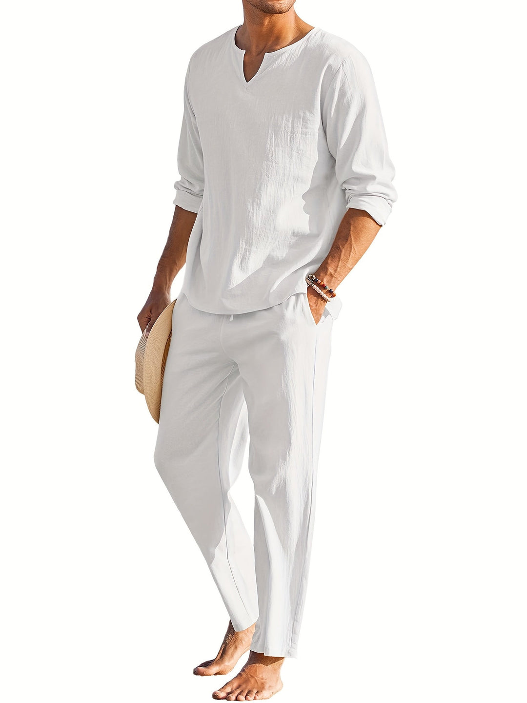 "Ensemble en lin pour homme, style rétro, coupe intemporelle, idéal pour l'été, confortable et élégant, tenue chic décontract