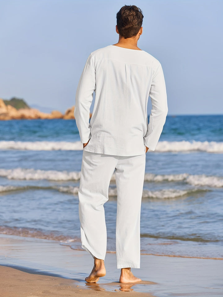"Ensemble en lin pour homme, style rétro, coupe intemporelle, idéal pour l'été, confortable et élégant, tenue chic décontract