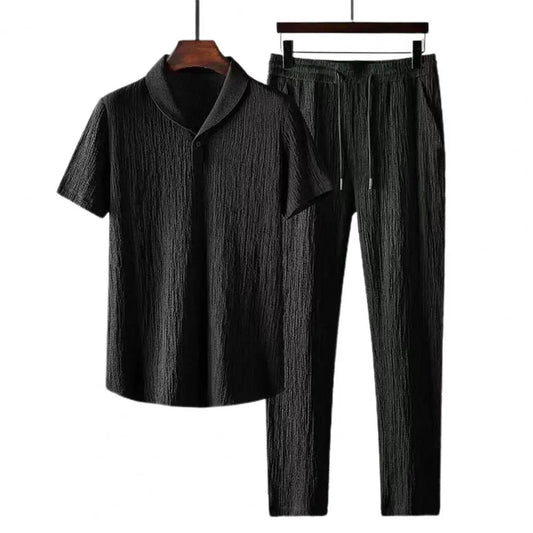 Ensemble en lin pour hommes, chemise blanche et pantalon noir, coupe décontractée et élégante, idéal pour le quotidien.