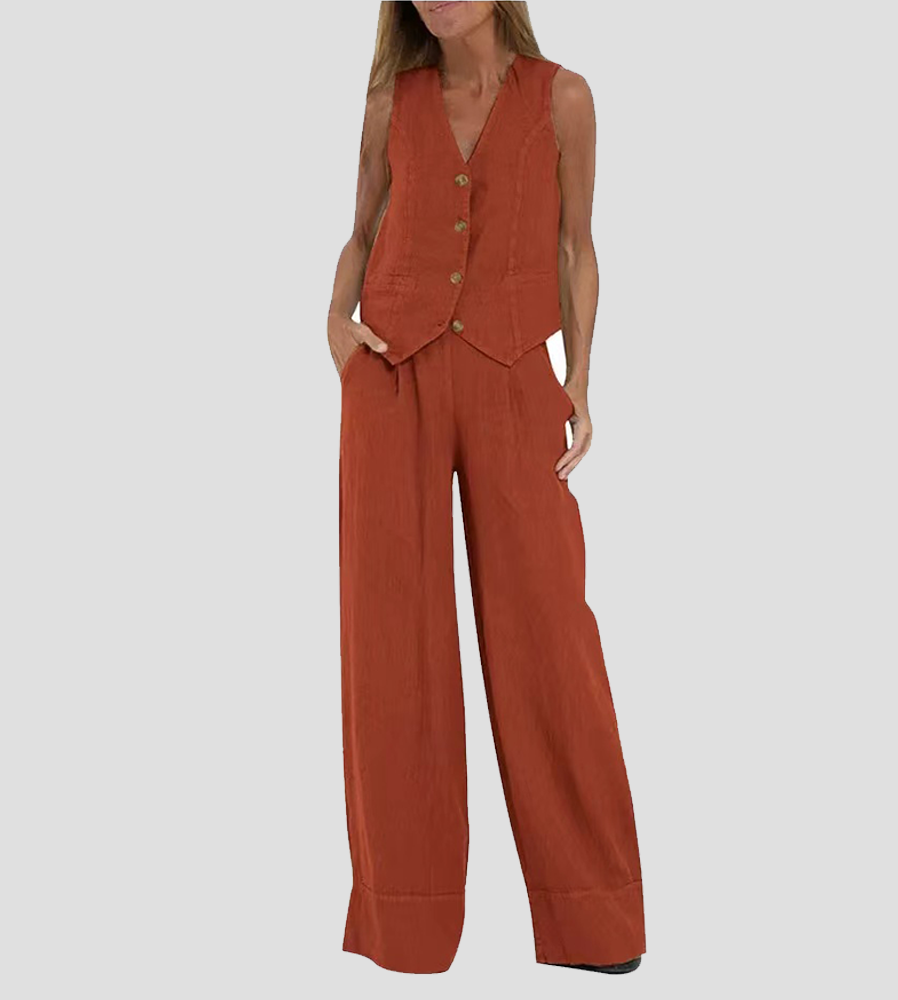 "Ensemble femme Marceline en lin naturel, gilet sans manches V et pantalon ample, chic et confortable, couleur ivoire"