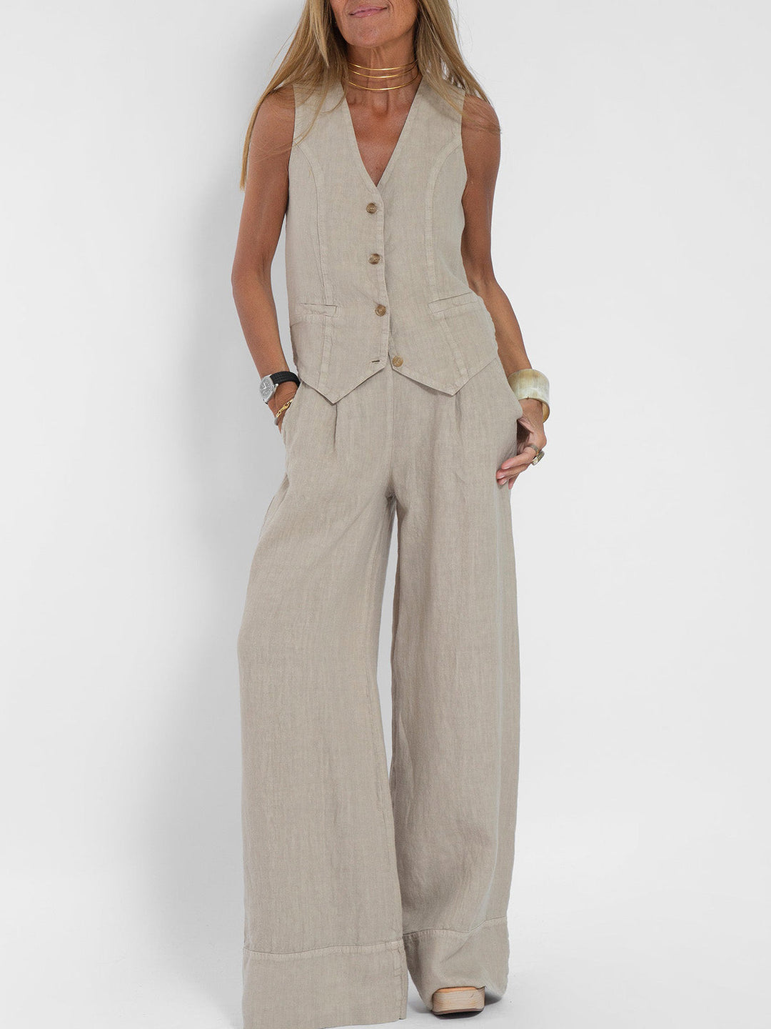 "Ensemble femme Marceline en lin naturel, gilet sans manches V et pantalon ample, chic et confortable, couleur ivoire"