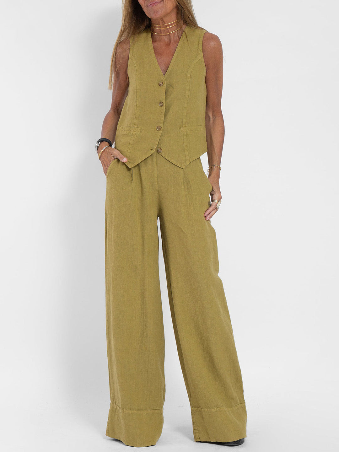 "Ensemble femme Marceline en lin naturel, gilet sans manches V et pantalon ample, chic et confortable, couleur ivoire"