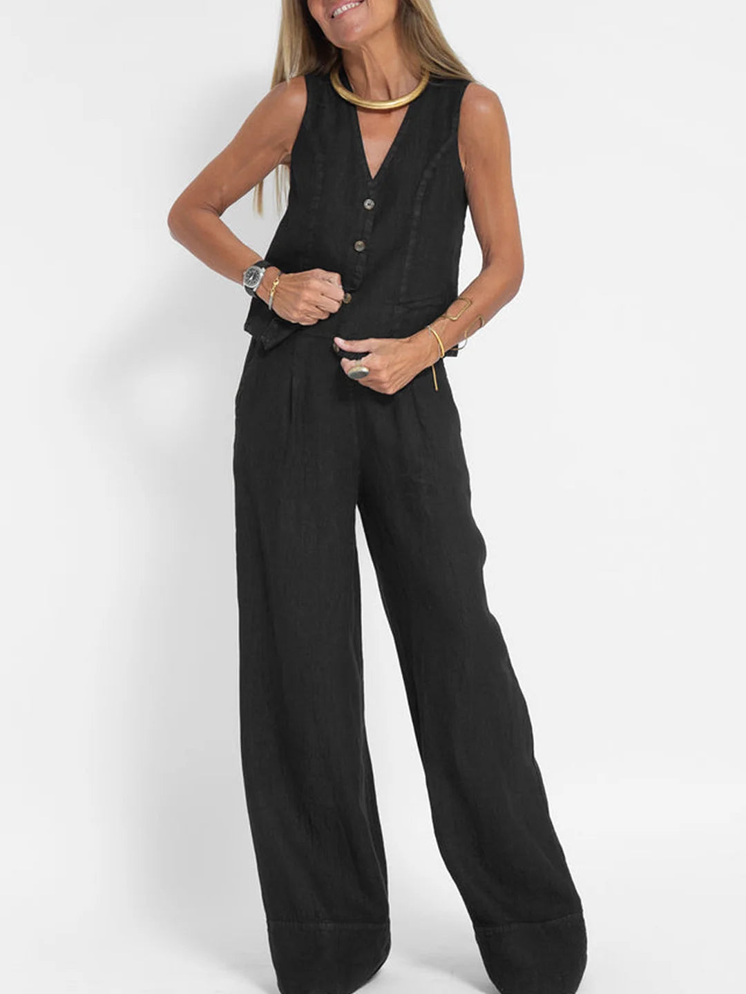 "Ensemble femme Marceline en lin naturel, gilet sans manches V et pantalon ample, chic et confortable, couleur ivoire"