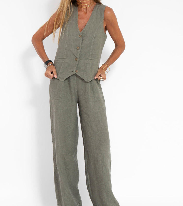 "Ensemble femme Marceline en lin naturel, gilet sans manches V et pantalon ample, chic et confortable, couleur ivoire"