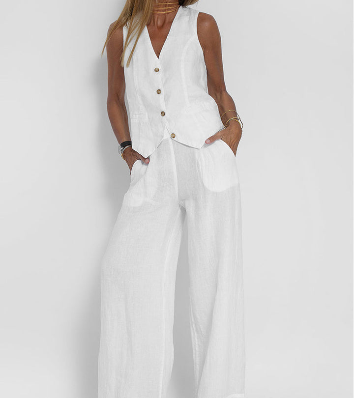 "Ensemble femme Marceline en lin naturel, gilet sans manches V et pantalon ample, chic et confortable, couleur ivoire"