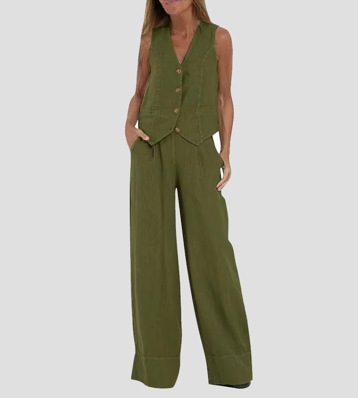 "Ensemble femme Marceline en lin naturel, gilet sans manches V et pantalon ample, chic et confortable, couleur ivoire"