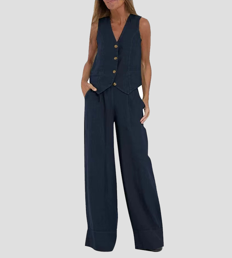 "Ensemble femme Marceline en lin naturel, gilet sans manches V et pantalon ample, chic et confortable, couleur ivoire"