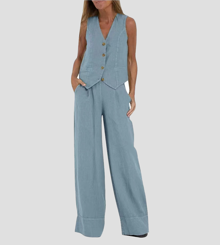 "Ensemble femme Marceline en lin naturel, gilet sans manches V et pantalon ample, chic et confortable, couleur ivoire"