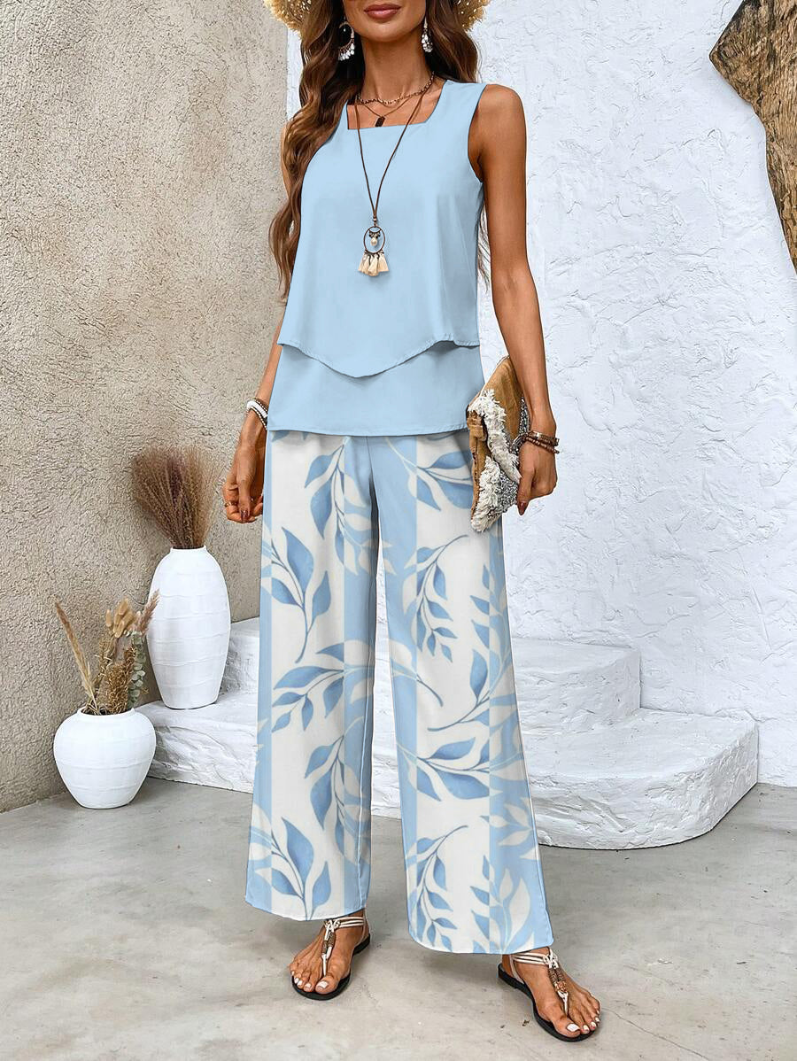 Ensemble floral femme chic, haut à imprimé floral, pantalon flatteur élégant et confortable, idéal pour soirées décontractées