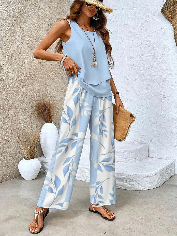 Ensemble floral femme chic, haut à imprimé floral, pantalon flatteur élégant et confortable, idéal pour soirées décontractées