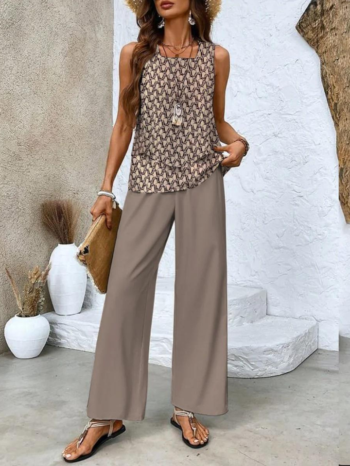 Ensemble floral femme chic, haut à imprimé floral, pantalon flatteur élégant et confortable, idéal pour soirées décontractées