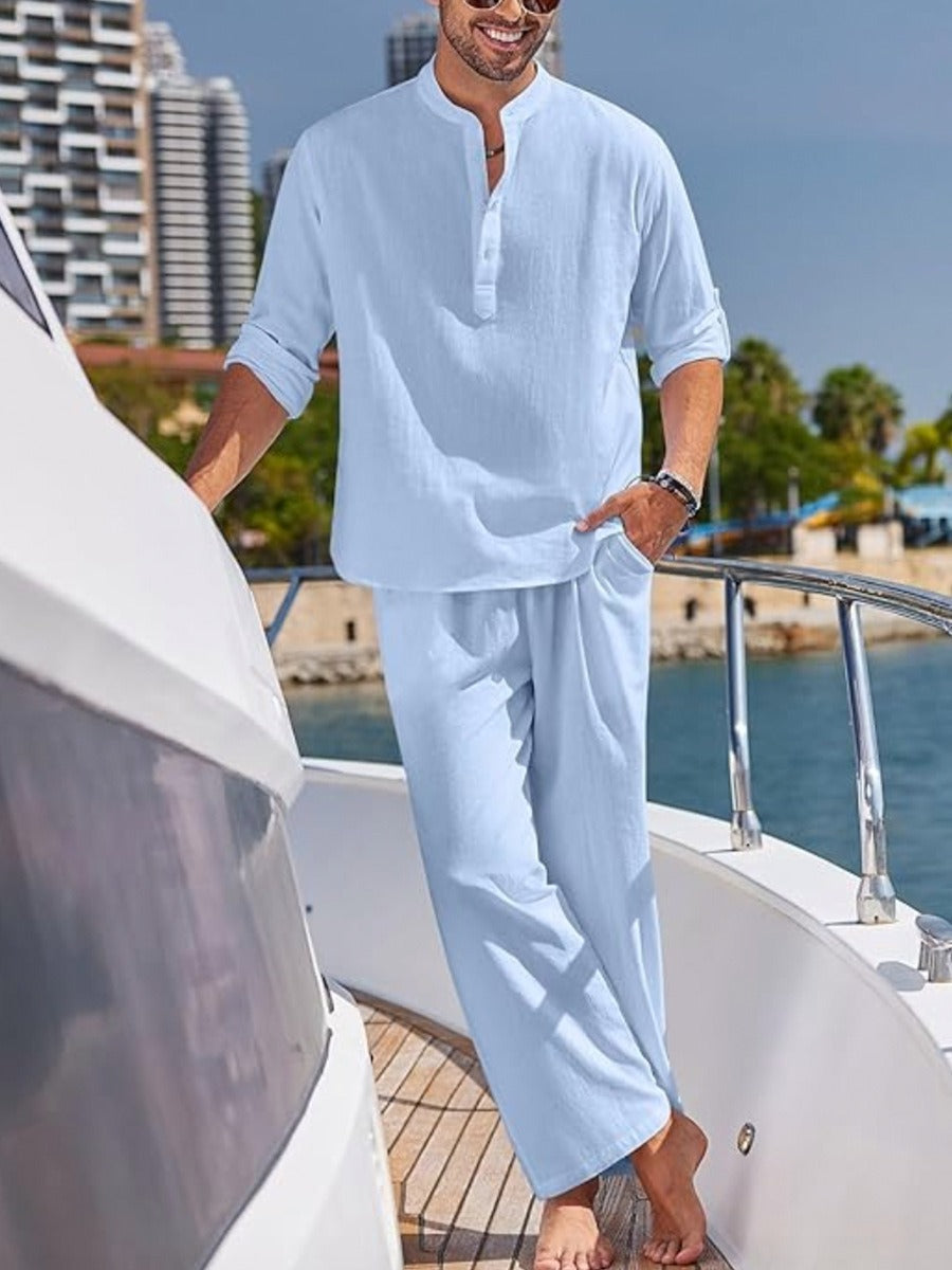 Ensemble homme décontracté en lin et coton, chemise manches courtes et short, élégant, idéal été, confort respirant.