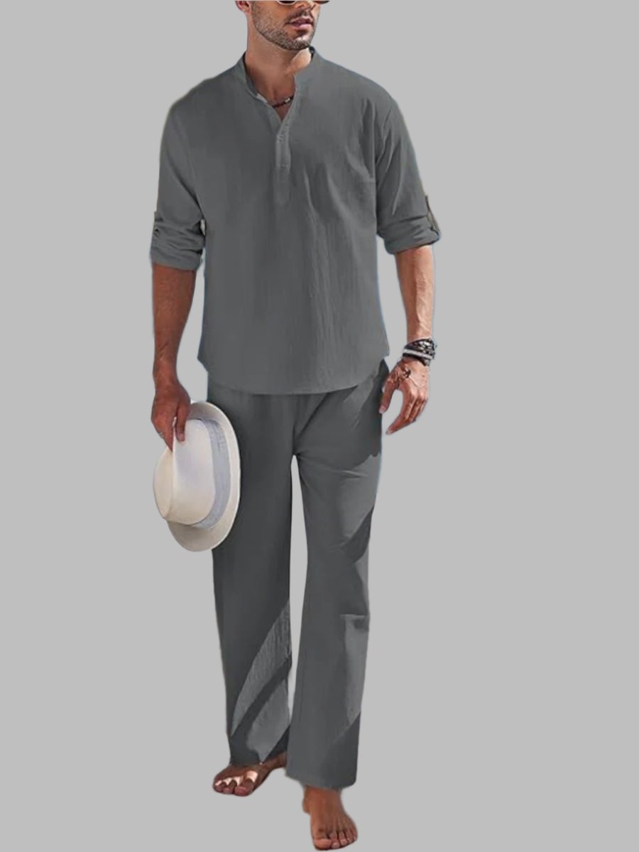 Ensemble homme décontracté en lin et coton, chemise manches courtes et short, élégant, idéal été, confort respirant.