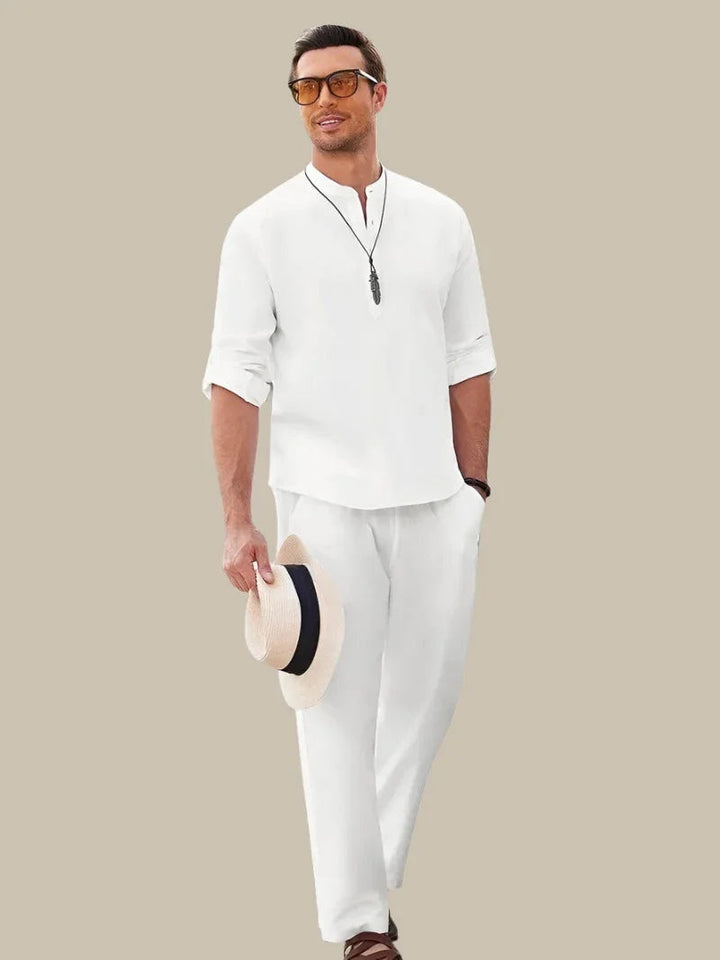 Ensemble homme décontracté en lin et coton, chemise manches courtes et short, élégant, idéal été, confort respirant.