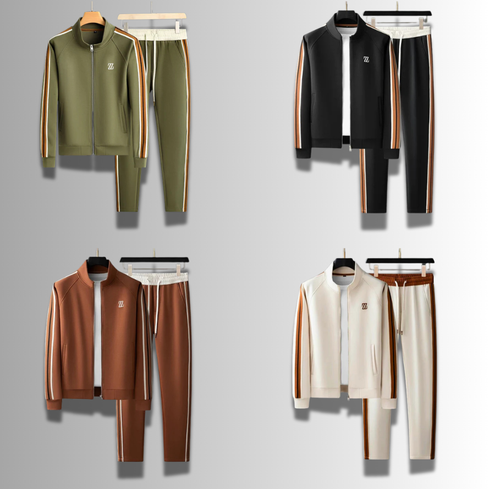 "Ensemble jogging élégant pour hommes, coupe moderne, couleur foncée, tissu respirant, idéal sport et détente."