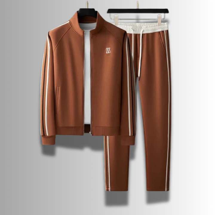 "Ensemble jogging élégant pour hommes, coupe moderne, couleur foncée, tissu respirant, idéal sport et détente."