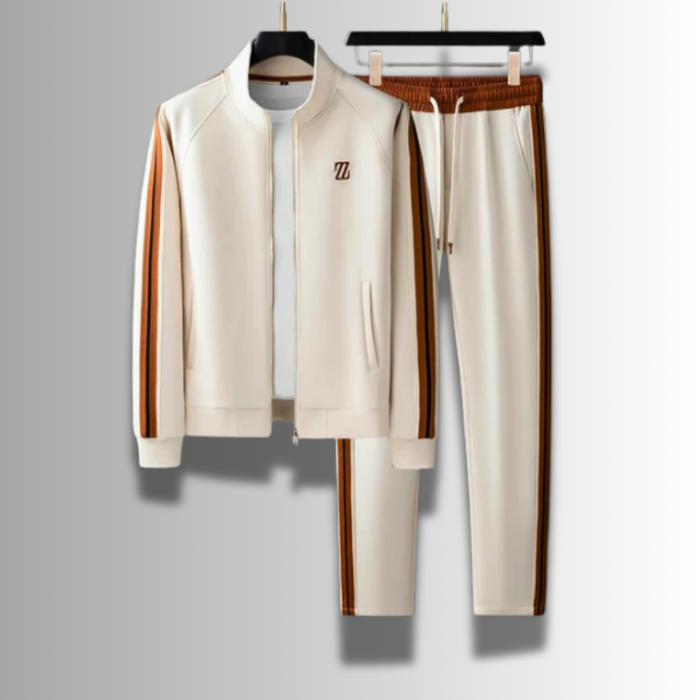"Ensemble jogging élégant pour hommes, coupe moderne, couleur foncée, tissu respirant, idéal sport et détente."
