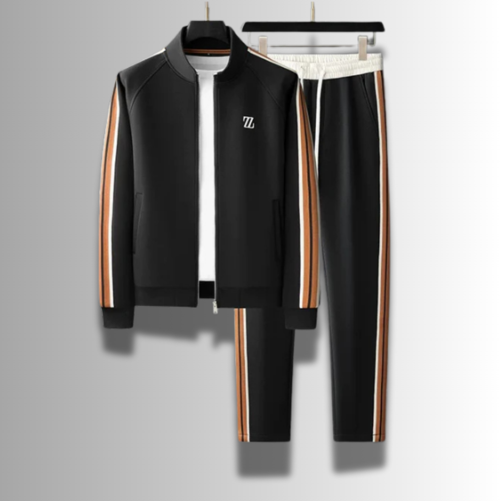 "Ensemble jogging élégant pour hommes, coupe moderne, couleur foncée, tissu respirant, idéal sport et détente."