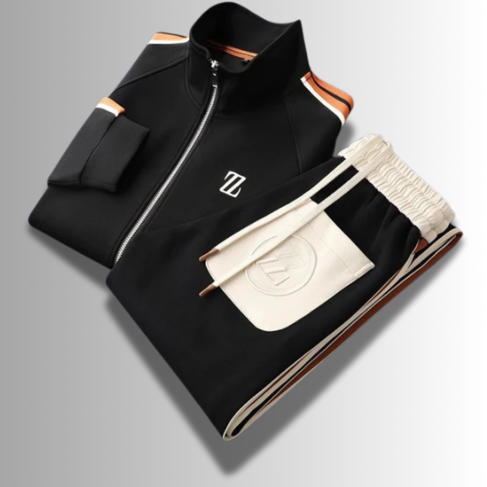 "Ensemble jogging élégant pour hommes, coupe moderne, couleur foncée, tissu respirant, idéal sport et détente."