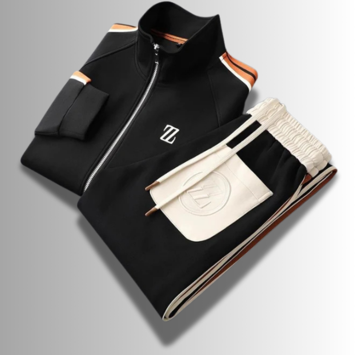 "Ensemble jogging élégant pour hommes, coupe moderne, couleur foncée, tissu respirant, idéal sport et détente."