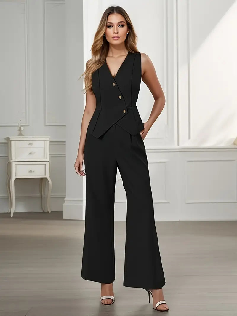 "Ensemble pantalon évasé pour femme, style chic et confortable, couleur beige, avec gilet flatteur, vue de face."