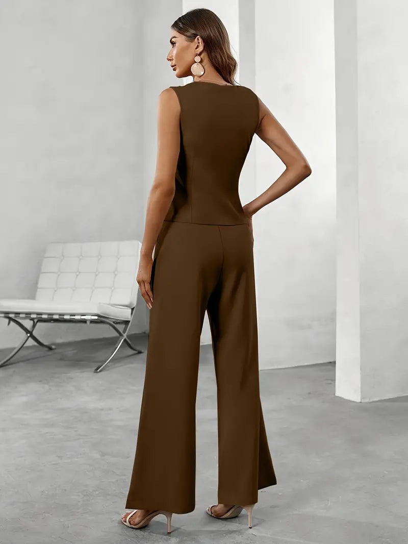 "Ensemble pantalon évasé pour femme, style chic et confortable, couleur beige, avec gilet flatteur, vue de face."