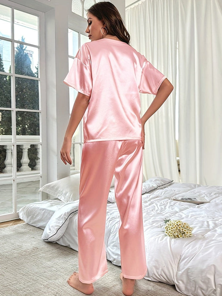 "Ensemble pyjama satin luxueux, couleur rose pastel, style décontracté, ultra-doux, élégant, pantalons larges."