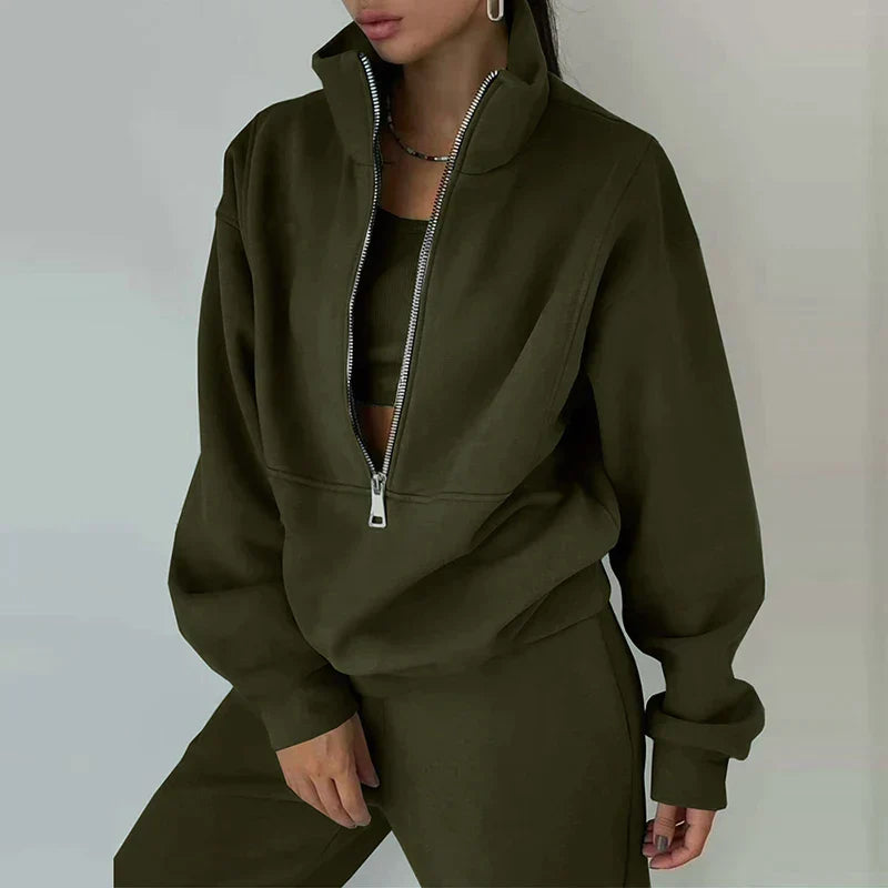 "Ensemble survêtement femme ELSIE, style chic et confortable, tissu stretch, blanc, taille haute, décontracté pour sport."