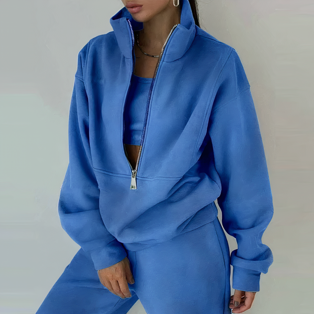 "Ensemble survêtement femme ELSIE, style chic et confortable, tissu stretch, blanc, taille haute, décontracté pour sport."