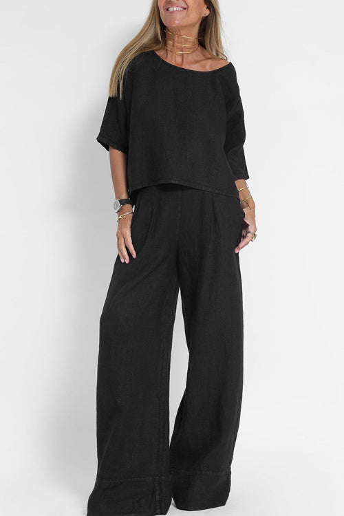 "Ensemble tailleur femme coton-lin, haut court chic et pantalon large taille haute, élégant et confortable."