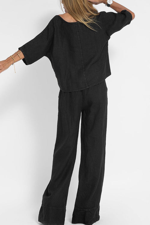 "Ensemble tailleur femme coton-lin, haut court chic et pantalon large taille haute, élégant et confortable."