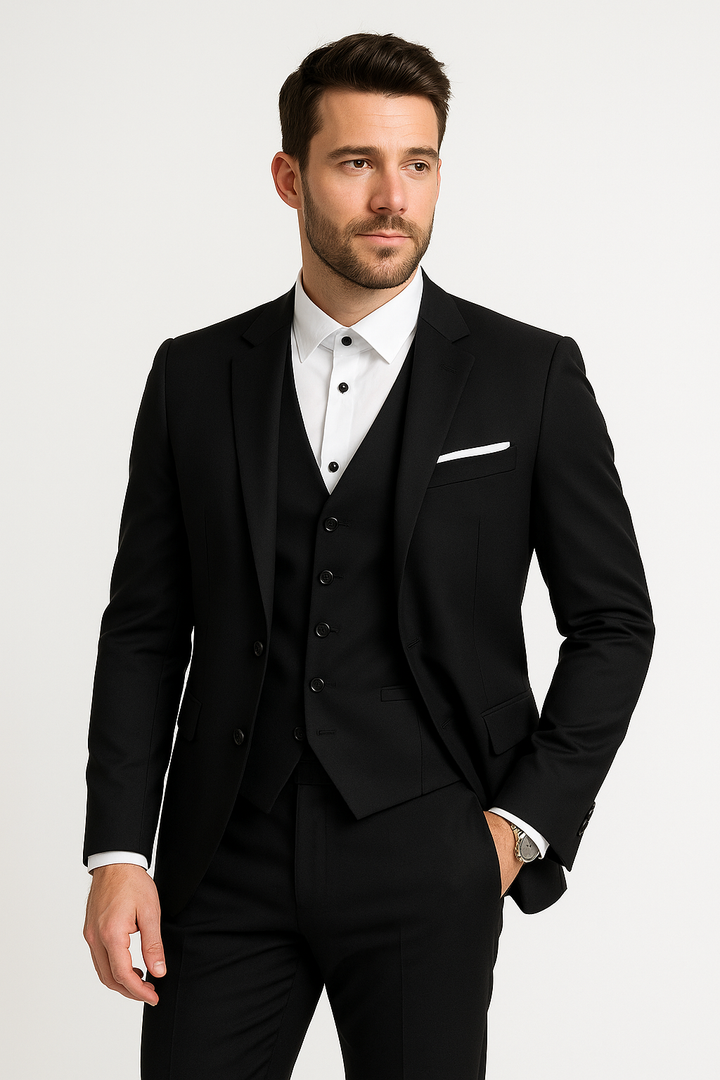 Ensemble trois pièces homme chic et moderne: blazer col montant, gilet classique, pantalon taille élastique pour élégance et 
