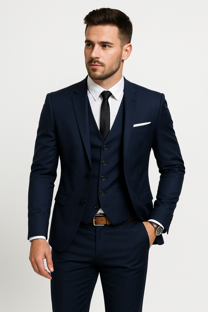 Ensemble trois pièces homme chic et moderne: blazer col montant, gilet classique, pantalon taille élastique pour élégance et 