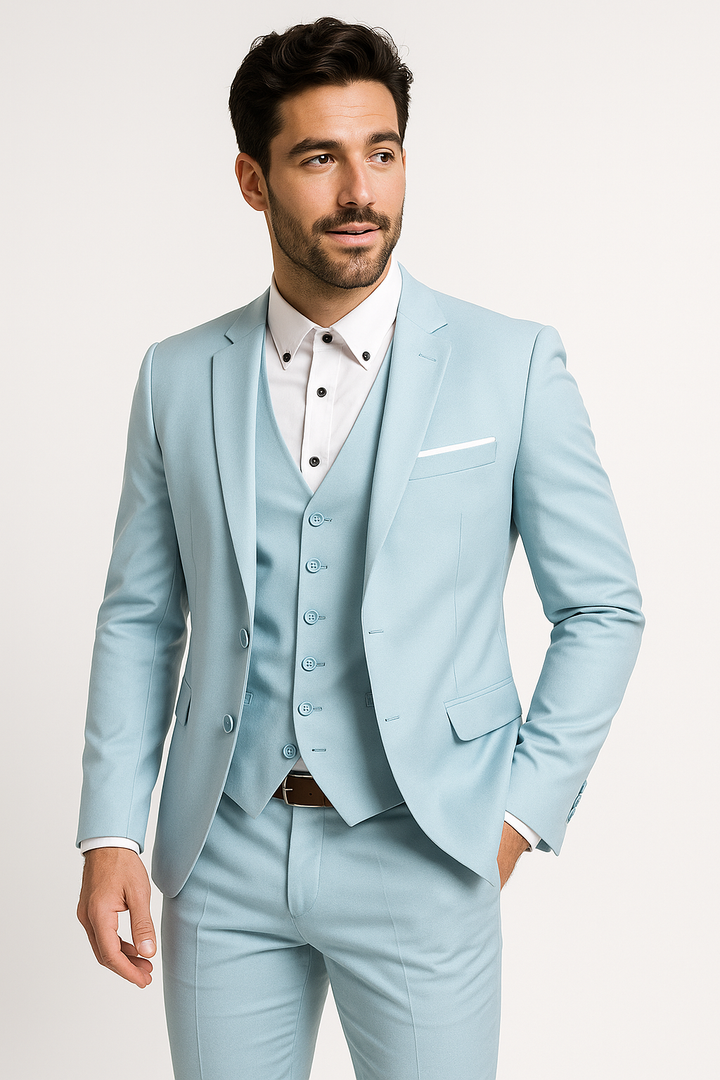 Ensemble trois pièces homme chic et moderne: blazer col montant, gilet classique, pantalon taille élastique pour élégance et 