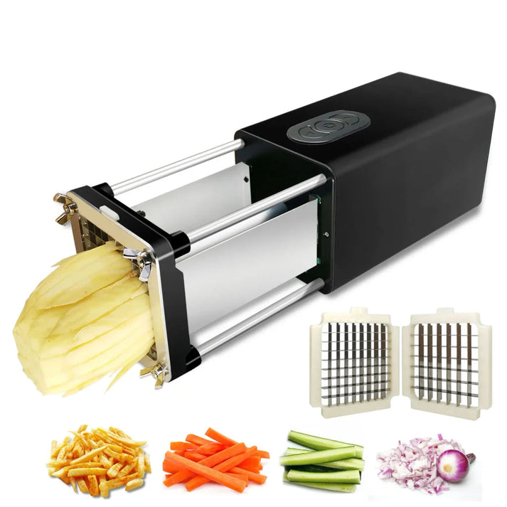 Éplucheur électrique avec lames, compact en argent et noir, design ergonomique pour une découpe de légumes facile.