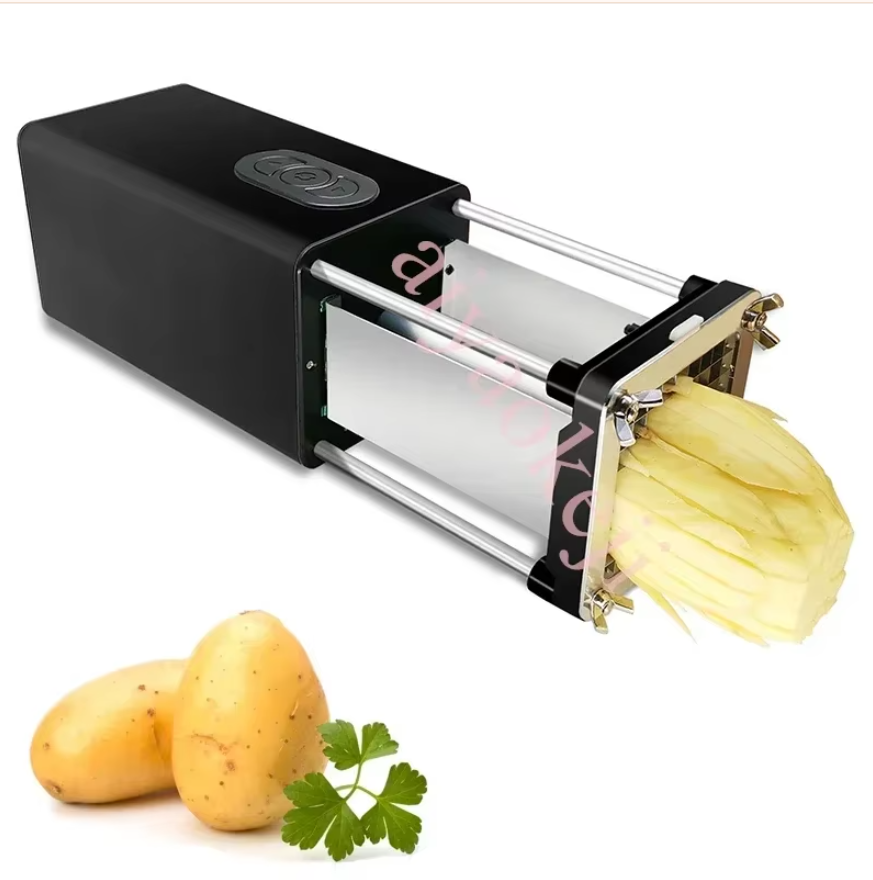 Éplucheur électrique avec lames, compact en argent et noir, design ergonomique pour une découpe de légumes facile.